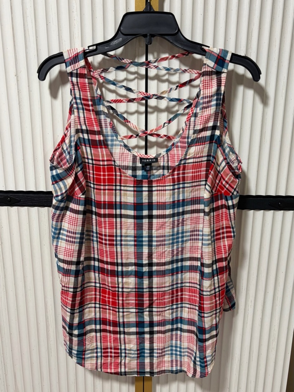 torrid Red Plaid Lattice-Back Tank Top with Blue Accents